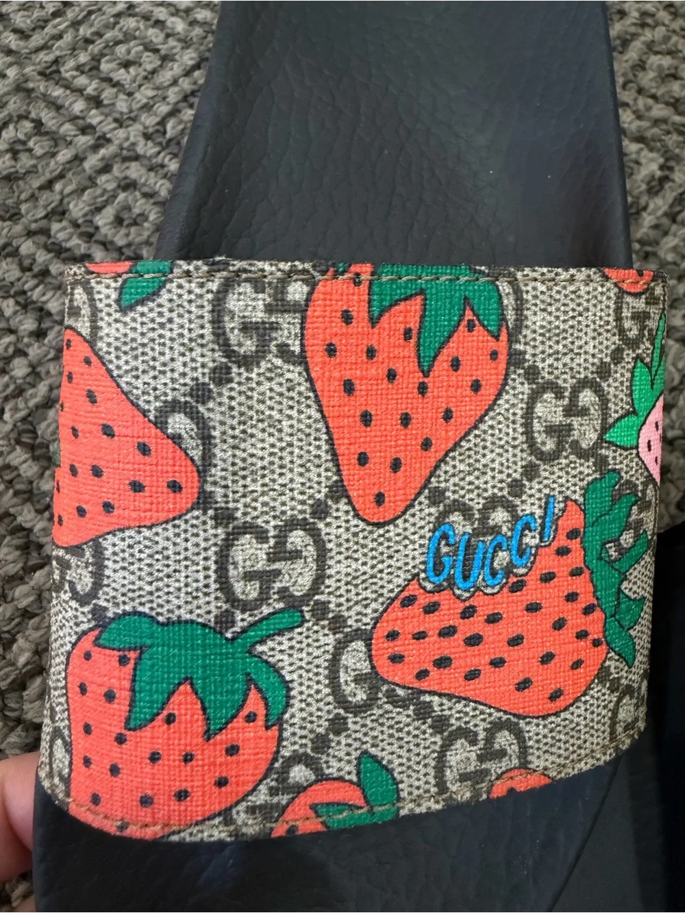 Gucci Strawberry Print Slide Sandals in Black and Red